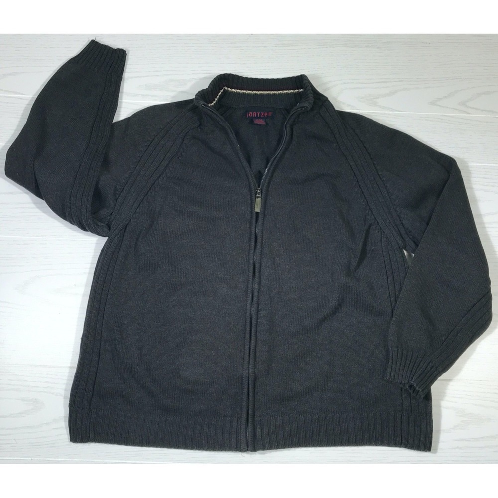 Vintage 90s Jantzen Sweater Men XL Gray Full Zip 100% Cotton Mock Neck Grandpa